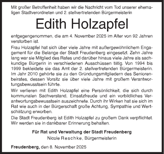 Traueranzeige von Edith Holzapfel von Siegener Zeitung