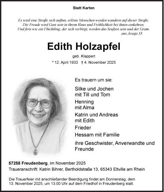 Traueranzeige von Edith Holzapfel von Siegener Zeitung
