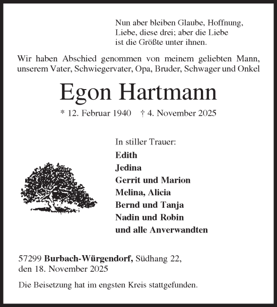 Traueranzeige von Egon Hartmann von Siegener Zeitung