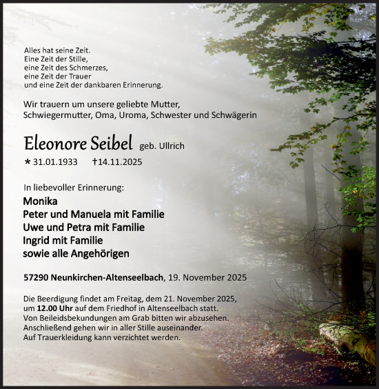 Traueranzeige von Eleonore Seibel von Siegener Zeitung