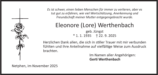 Traueranzeige von Eleonore Werthenbach von Siegener Zeitung