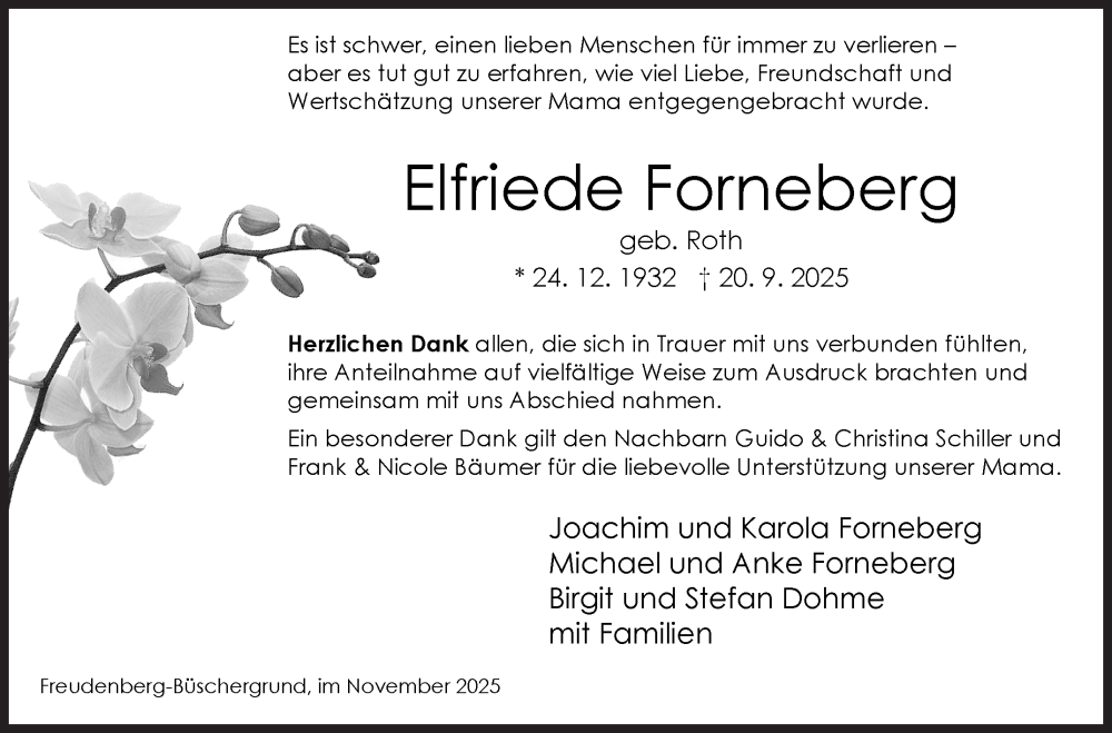  Traueranzeige für Elfriede Forneberg vom 08.11.2025 aus Siegener Zeitung
