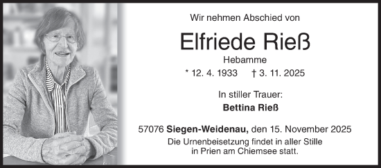Traueranzeige von Elfriede Rieß von Siegener Zeitung