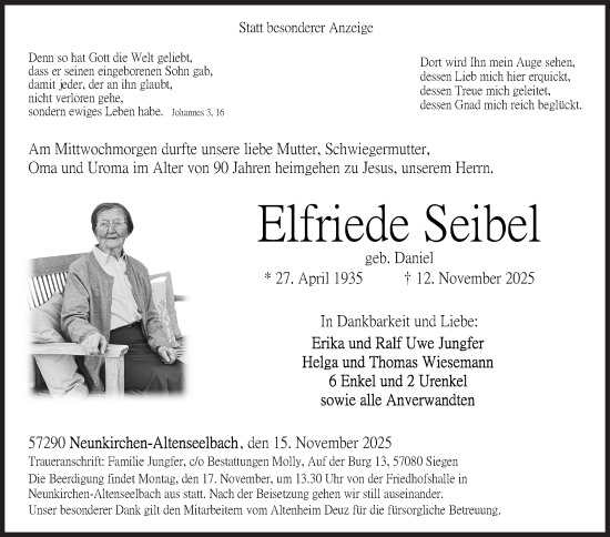 Traueranzeige von Elfriede Seibel von Siegener Zeitung