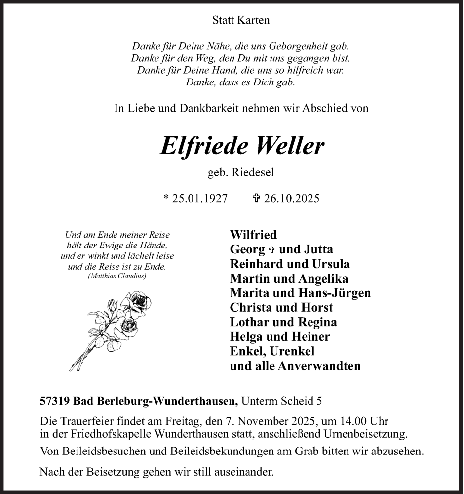  Traueranzeige für Elfriede Weller vom 31.10.2025 aus Siegener Zeitung