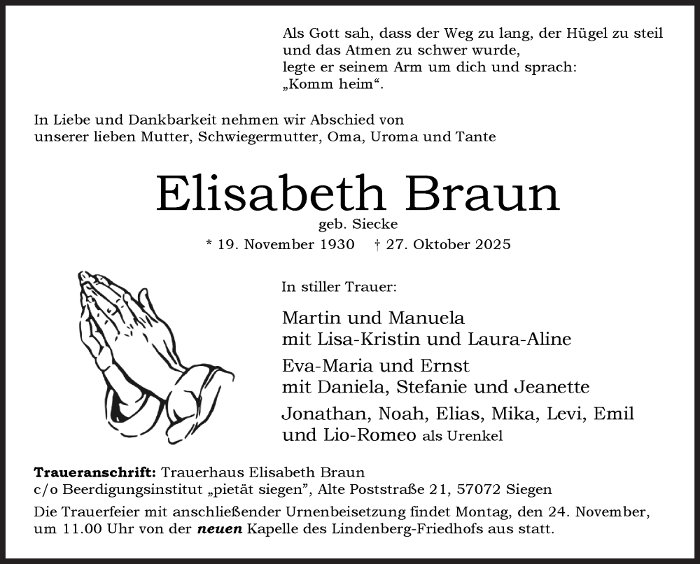  Traueranzeige für Elisabeth Braun vom 19.11.2025 aus Siegener Zeitung