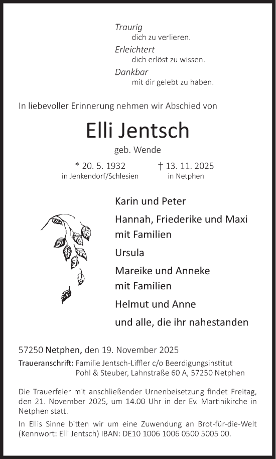 Traueranzeige von Elli Jentsch von Siegener Zeitung