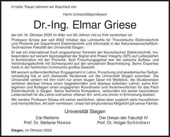 Traueranzeige von Elmar Griese von Siegener Zeitung