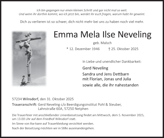 Traueranzeige von Emma Mela Ilse Neveling von Siegener Zeitung