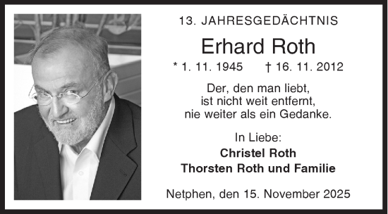 Traueranzeige von Erhard Roth von Siegener Zeitung