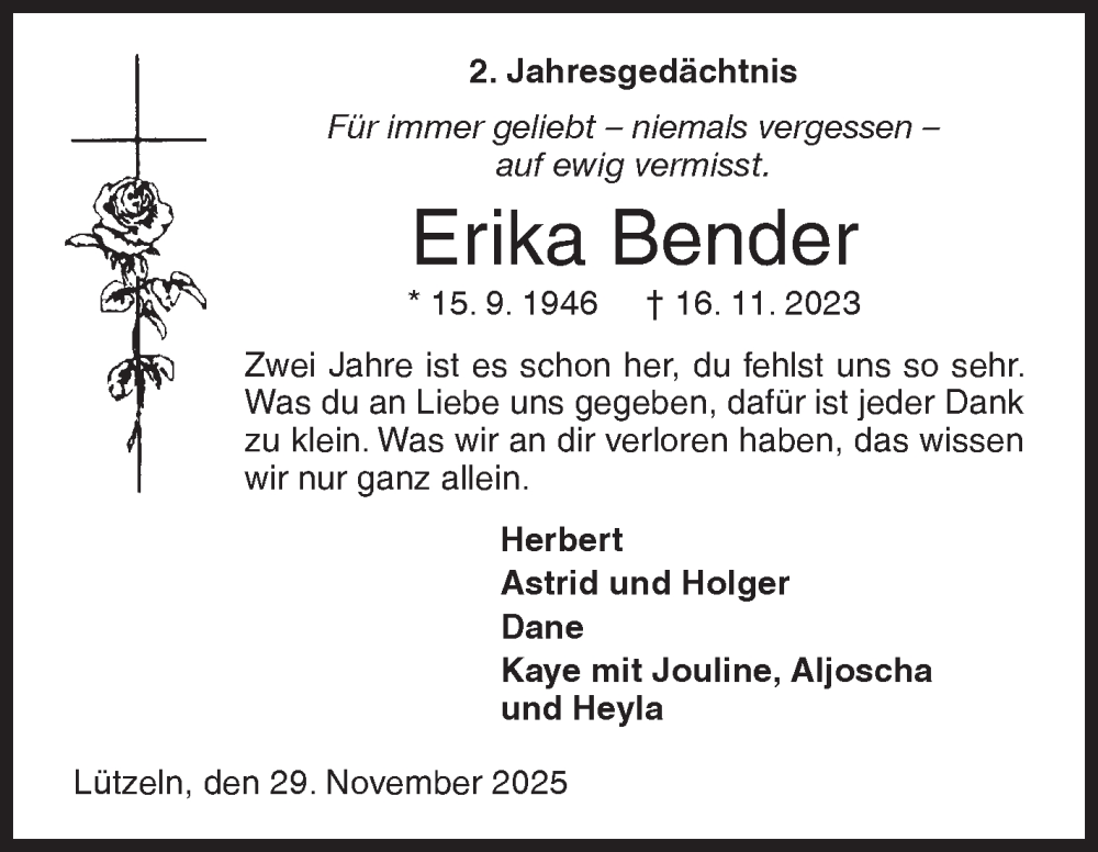  Traueranzeige für Erika Bender vom 29.11.2025 aus Siegener Zeitung