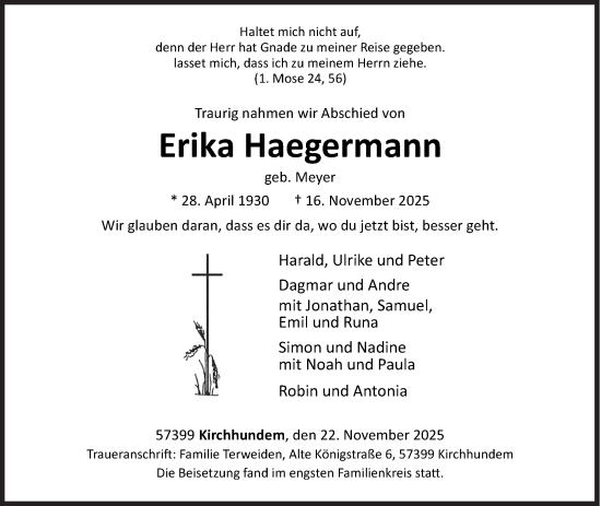 Traueranzeige von Erika Haegermann von Siegener Zeitung