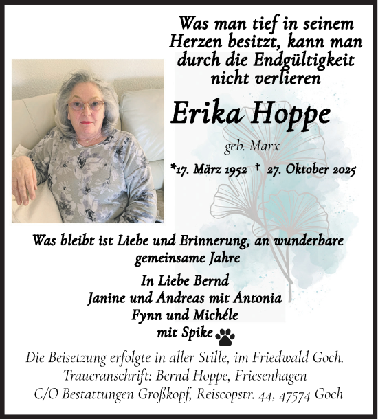 Traueranzeige von Erika Hoppe von Siegener Zeitung