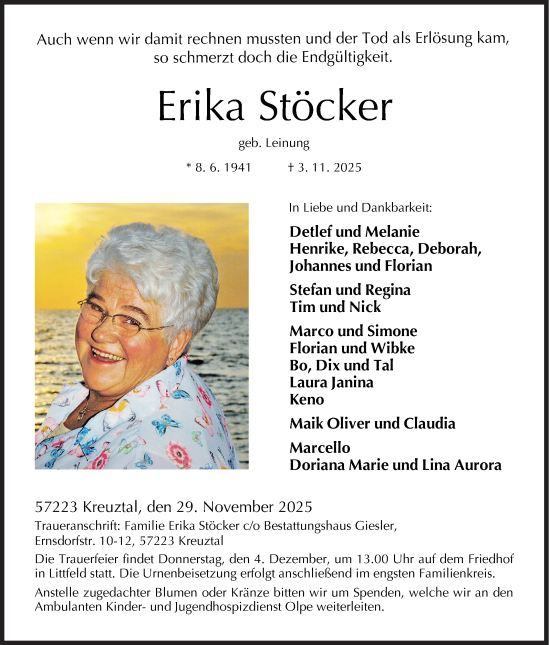 Traueranzeige von Erika Stöcker von Siegener Zeitung