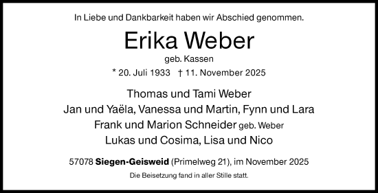 Traueranzeige von Erika Weber von Siegener Zeitung