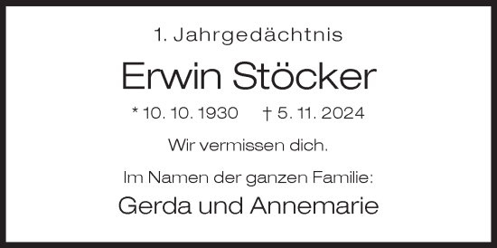 Traueranzeige von Erwin Stöcker von Siegener Zeitung
