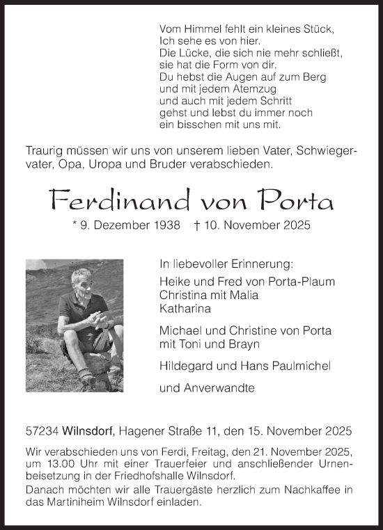 Traueranzeige von Ferdinand von Porta von Siegener Zeitung