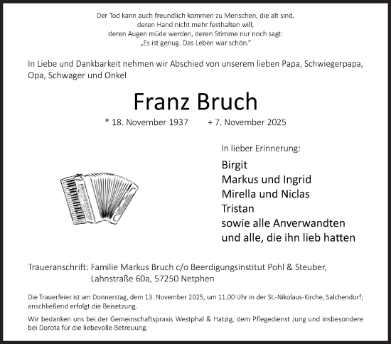 Traueranzeige von Franz Bruch von Siegener Zeitung