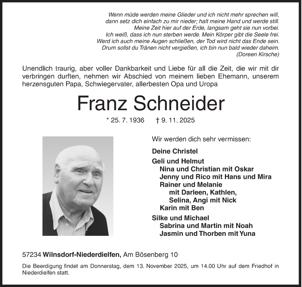  Traueranzeige für Franz Schneider vom 12.11.2025 aus Siegener Zeitung
