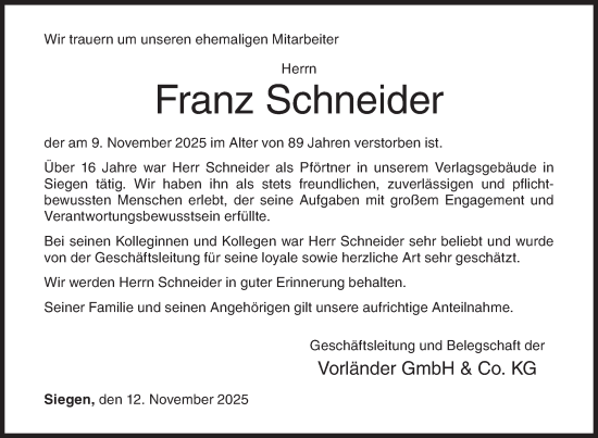 Traueranzeige von Franz Schneider von Siegener Zeitung