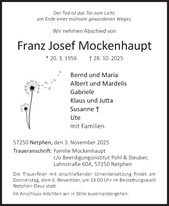 Traueranzeige von Franz Josef Mockenhaupt von Siegener Zeitung