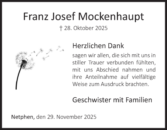 Traueranzeige von Franz Josef Mockenhaupt von Siegener Zeitung