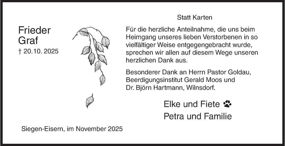  Traueranzeige für Frieder Graf vom 29.11.2025 aus Siegener Zeitung