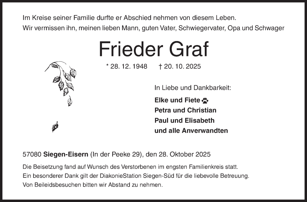  Traueranzeige für Frieder Graf vom 28.10.2025 aus Siegener Zeitung