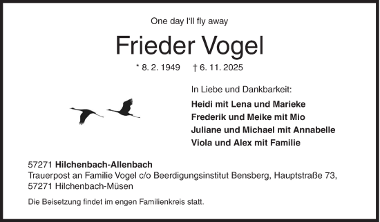 Traueranzeige von Frieder Vogel von Siegener Zeitung