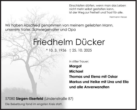Traueranzeige von Friedhelm Dücker von Siegener Zeitung