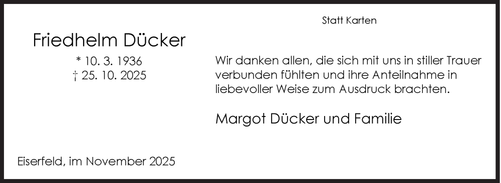  Traueranzeige für Friedhelm Dücker vom 29.11.2025 aus Siegener Zeitung