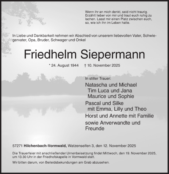 Traueranzeige von Friedhelm Siepermann von Siegener Zeitung