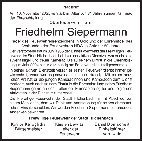 Traueranzeige von Friedhelm Siepermann von Siegener Zeitung