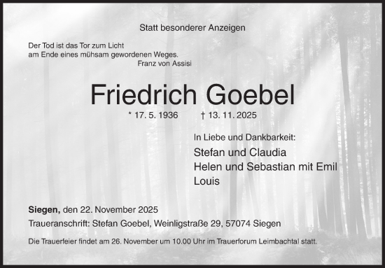 Traueranzeige von Friedrich Goebel von Siegener Zeitung