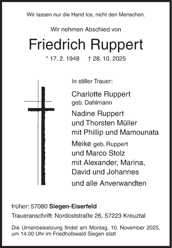 Traueranzeige von Friedrich Ruppert von Siegener Zeitung