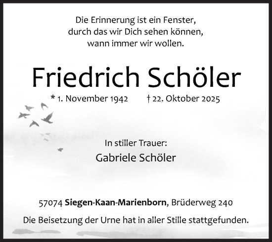 Traueranzeige von Friedrich Schöler von Siegener Zeitung