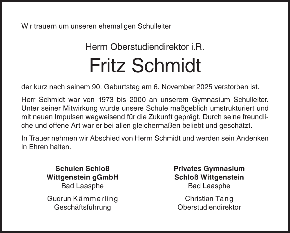  Traueranzeige für Fritz Schmidt vom 29.11.2025 aus Siegener Zeitung