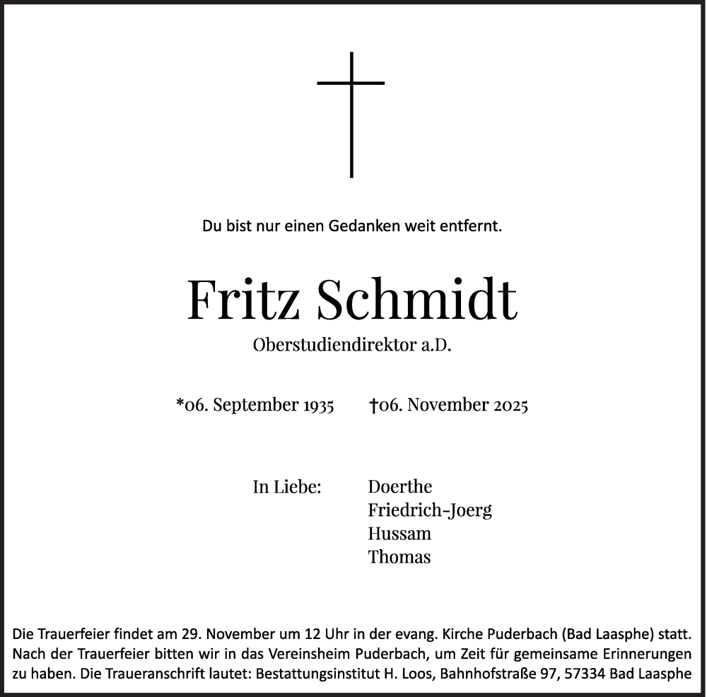  Traueranzeige für Fritz Schmidt vom 22.11.2025 aus Siegener Zeitung