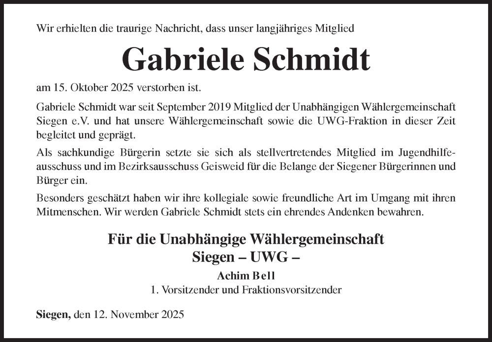  Traueranzeige für Gabriele Schmidt vom 12.11.2025 aus Siegener Zeitung