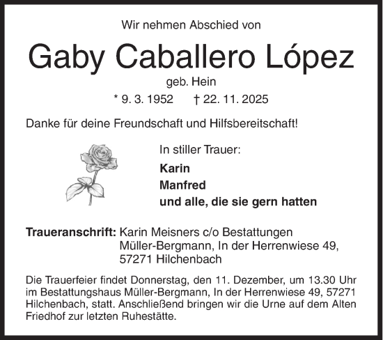 Traueranzeige von Gaby Caballero Lopez von Siegener Zeitung