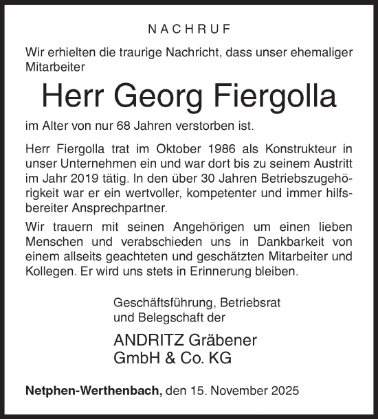 Traueranzeige von Georg Fiergolla von Siegener Zeitung