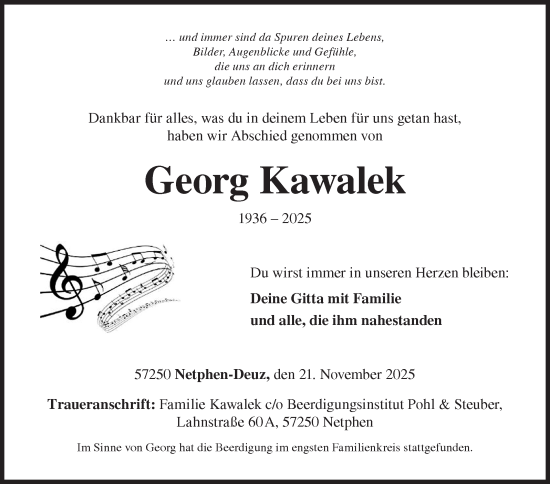 Traueranzeige von Georg Kawalek von Siegener Zeitung