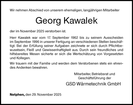 Traueranzeige von Georg Kawalek von Siegener Zeitung