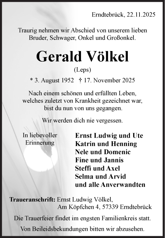 Traueranzeige von Gerald Völkel von Siegener Zeitung