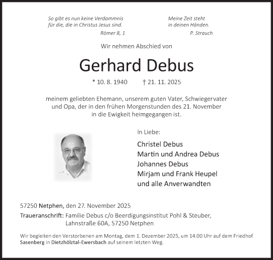 Traueranzeige von Gerhard Debus von Siegener Zeitung
