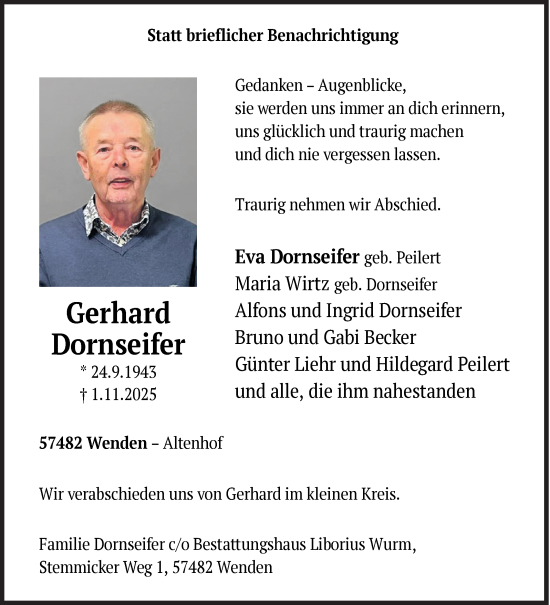 Traueranzeige von Gerhard Dornseifer von Siegener Zeitung