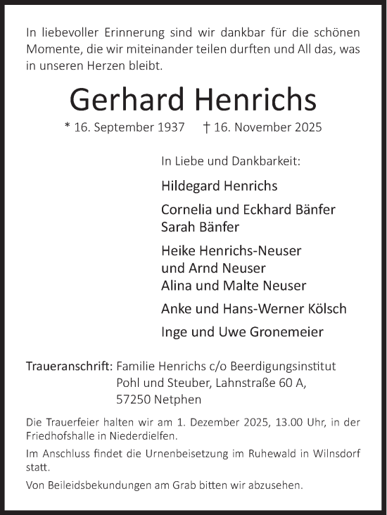 Traueranzeige von Gerhard Henrichs von Siegener Zeitung
