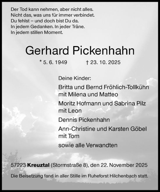 Traueranzeige von Gerhard Pickenhahn von Siegener Zeitung