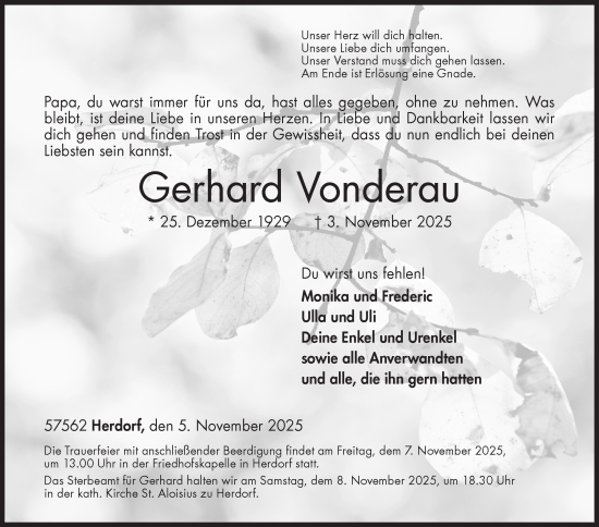 Traueranzeige von Gerhard Vonderau von Siegener Zeitung