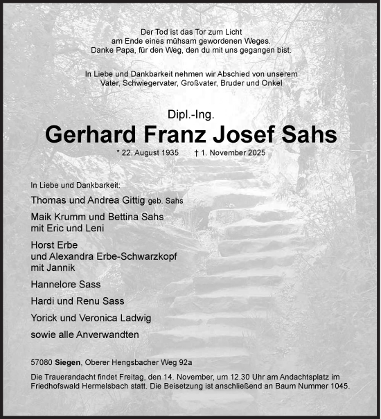 Traueranzeige von Gerhard Franz Josef Sahs von Siegener Zeitung
